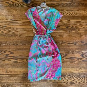 Teal and pink snakeskin print silk wrap dress